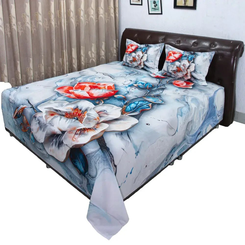 Peony Silver Digital Print Bed Sheet
